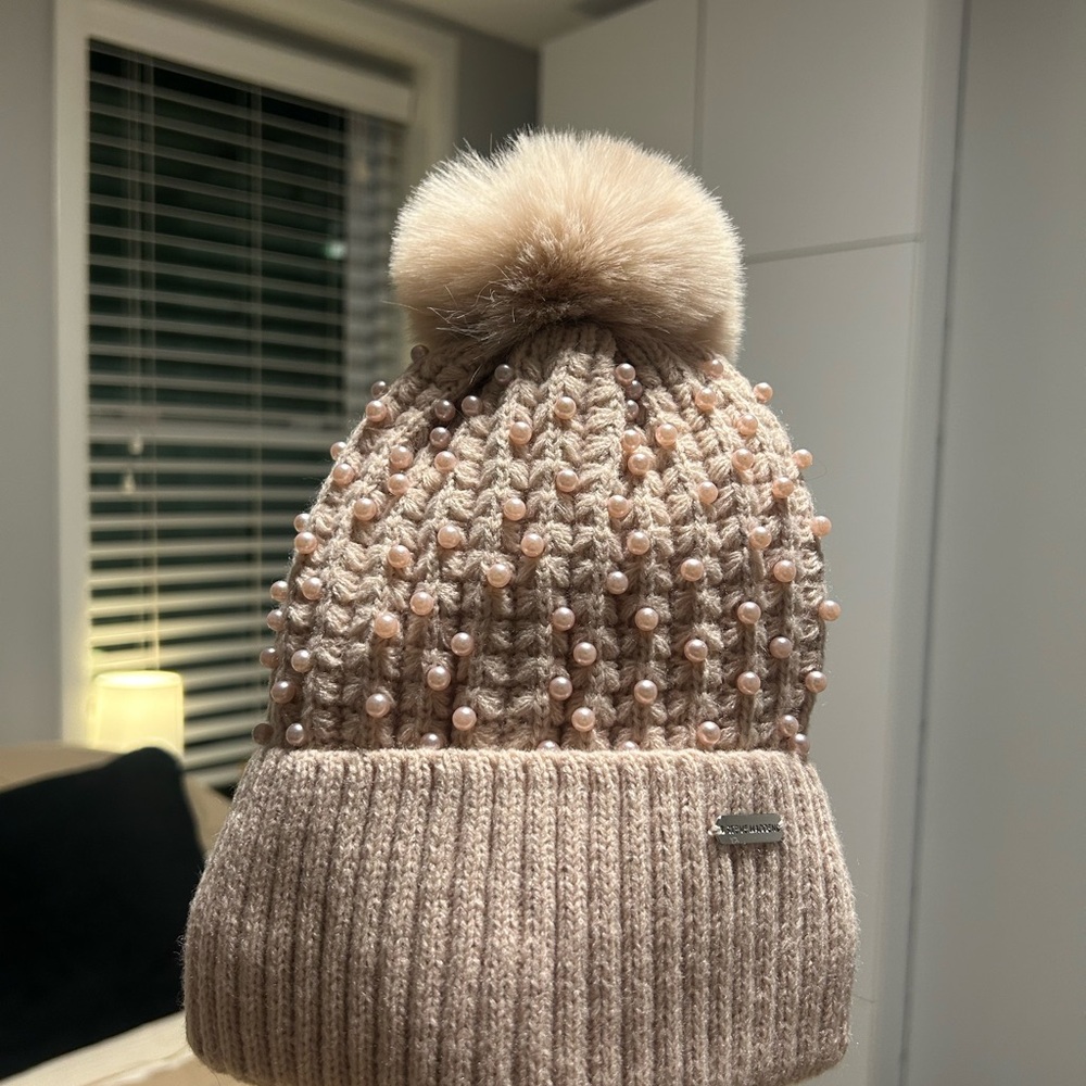 Steve Madden Cream Knit Beanie with Pearls